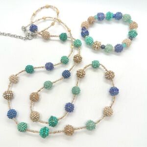 Chicos Beaded Bracelet & Necklace Set Long Blues Turquoise Ivory Beach Vacation